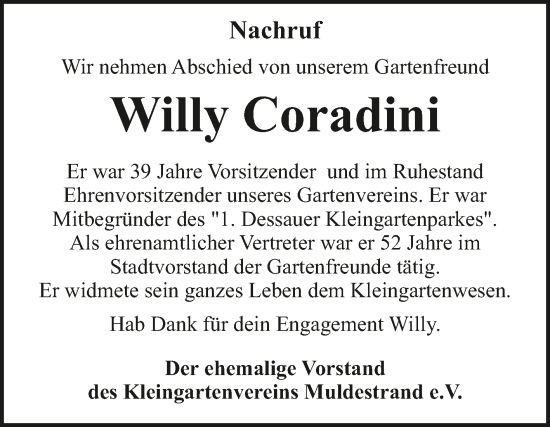 Traueranzeige von Willy Coradini von Trauerkombi Dessau