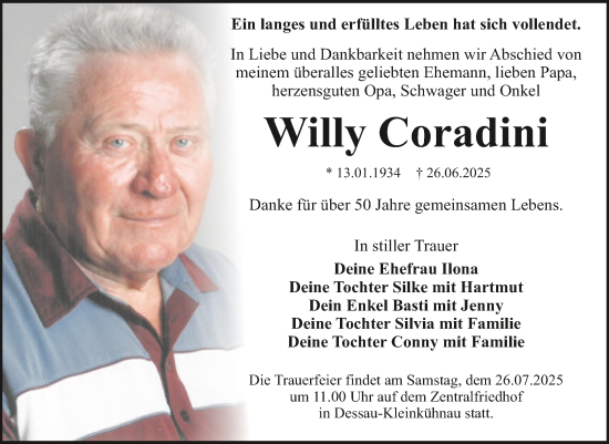 Traueranzeige von Willy Coradini von Trauerkombi Dessau