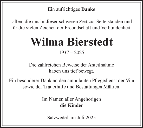 Traueranzeige von Wilma Bierstedt von Volksstimme Altmark West
