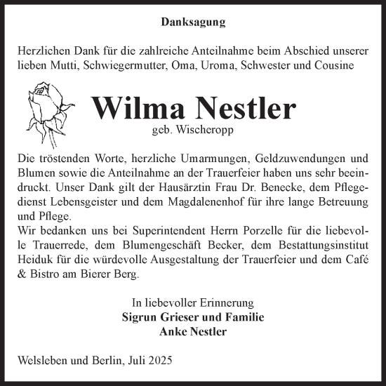 Traueranzeige von Wilma Nestler von Volksstimme Schönebeck