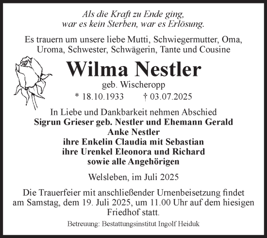 Traueranzeige von Wilma Nestler von Volksstimme Schönebeck