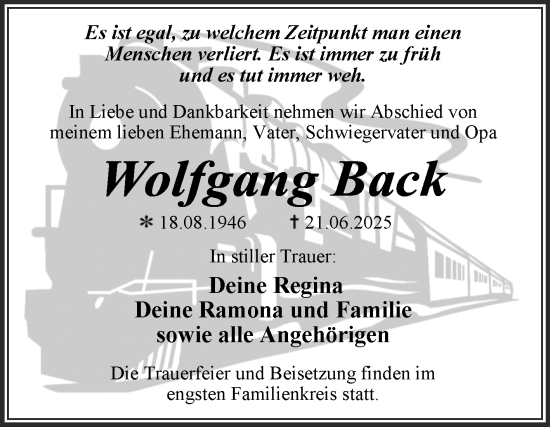 Traueranzeige von Wolfgang Back von Trauerkombi Dessau