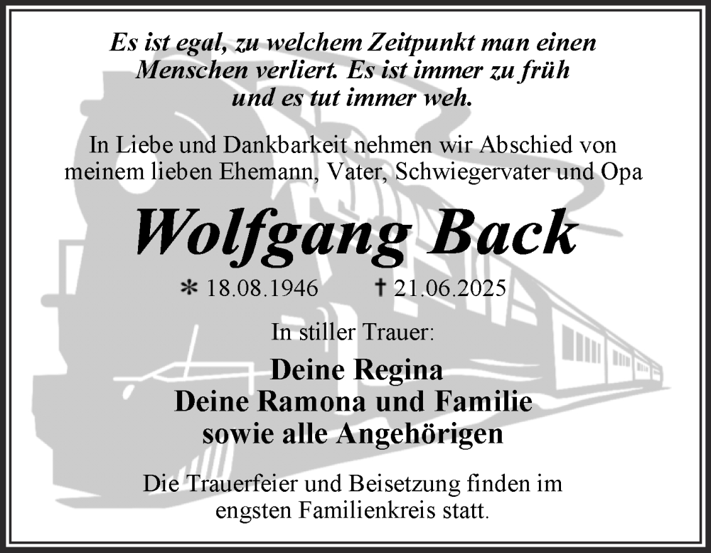  Traueranzeige für Wolfgang Back vom 05.07.2025 aus Trauerkombi Dessau
