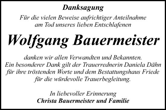 Traueranzeige von Wolfgang Bauermeister von Trauerkombi Dessau