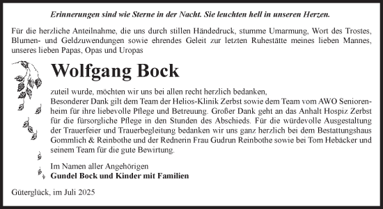 Traueranzeige von Wolfgang Bock von Volksstimme Zerbst