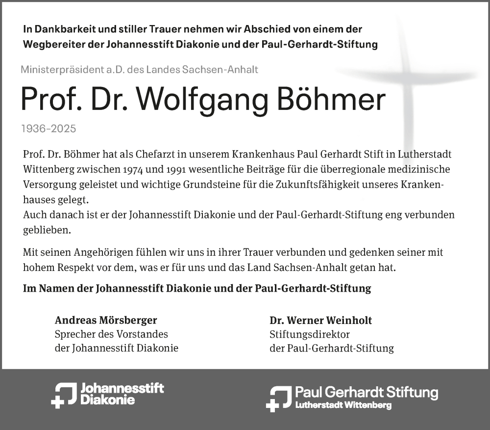  Traueranzeige für Wolfgang Böhmer vom 12.07.2025 aus 
