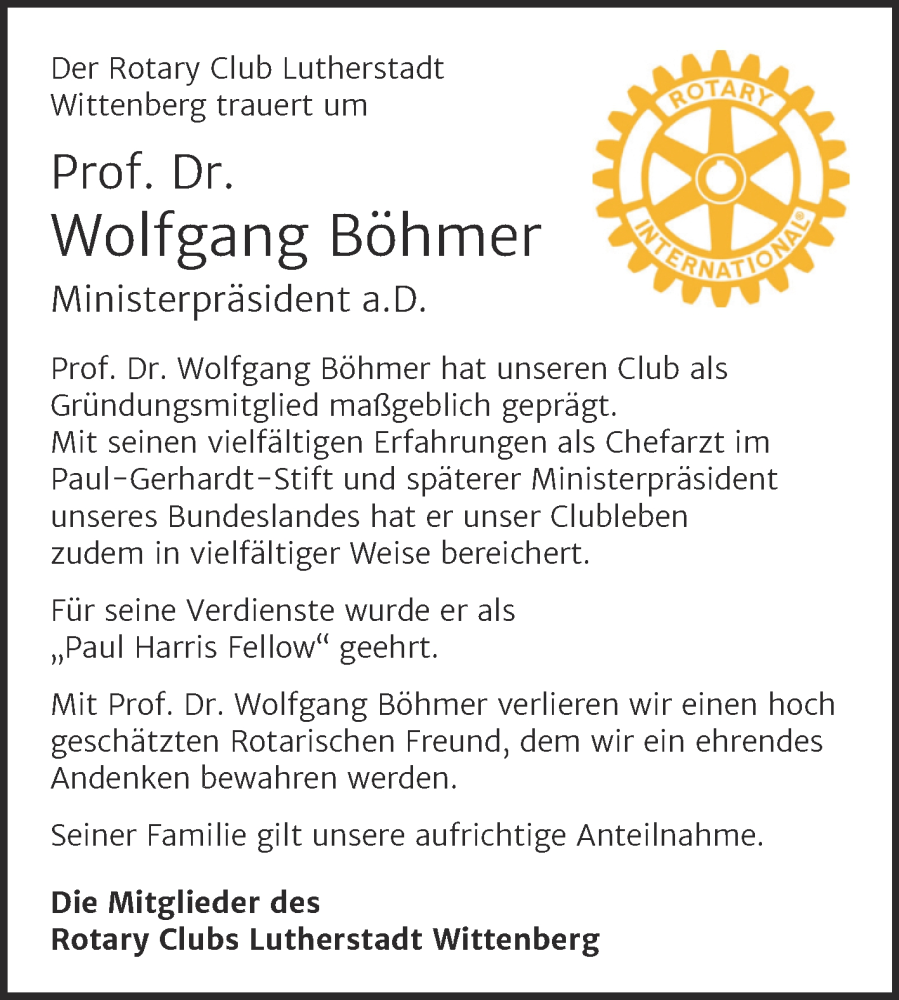  Traueranzeige für Wolfgang Böhmer vom 12.07.2025 aus 