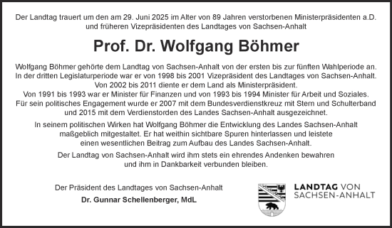 Traueranzeige von Wolfgang Böhmer 