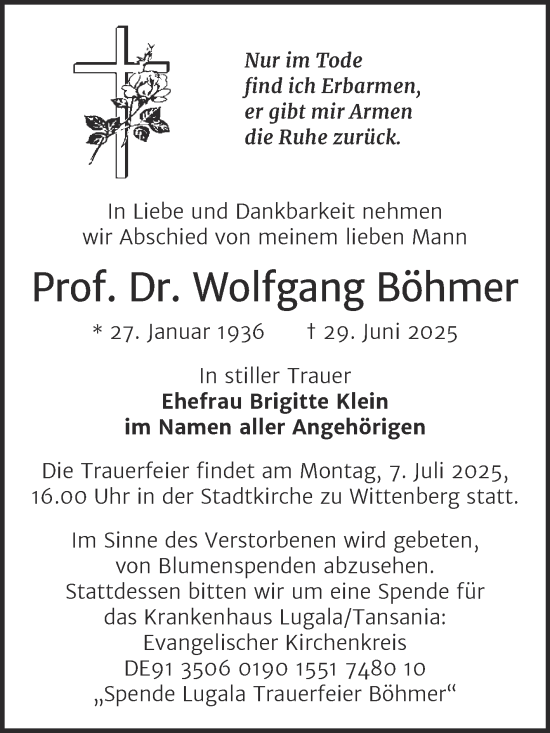 Traueranzeige von Wolfgang Böhmer von Trauerkombi Wittenberg