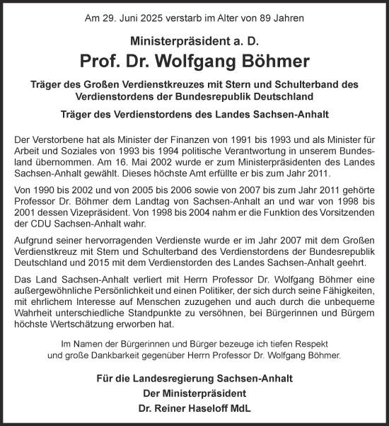 Traueranzeige von Wolfgang Böhmer 