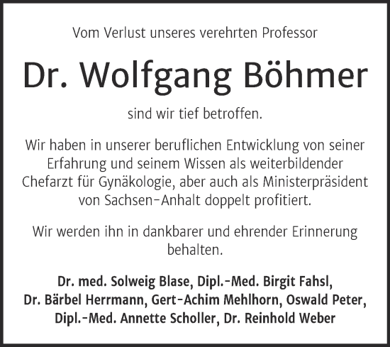 Traueranzeige von Wolfgang Böhmer von Trauerkombi Wittenberg