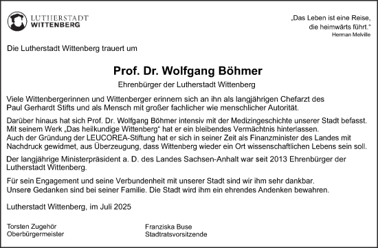 Traueranzeige von Wolfgang Böhmer 