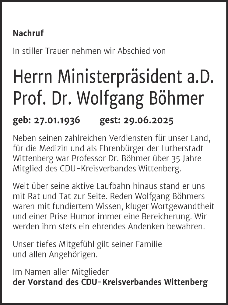  Traueranzeige für Wolfgang Böhmer vom 12.07.2025 aus Super Sonntag Wittenberg