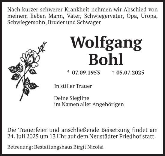 Traueranzeige von Wolfgang Bohl von Volksstimme Magdeburg