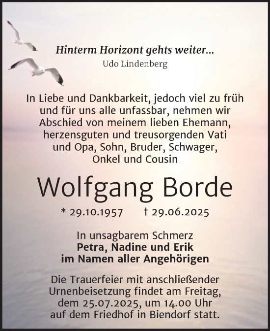 Traueranzeige von Wolfgang Borde von Trauerkombi Bernburg
