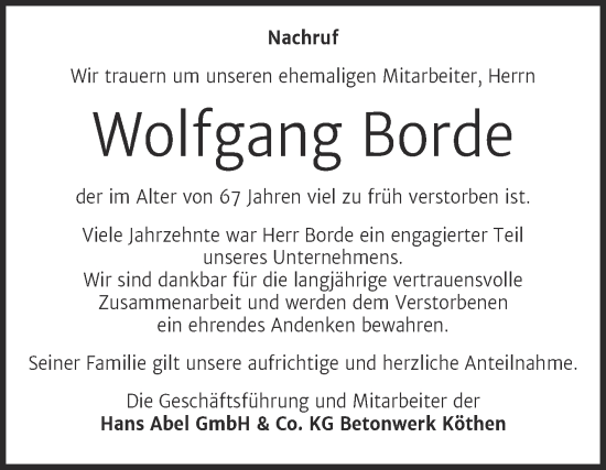 Traueranzeige von Wolfgang Borde von Super Sonntag Köthen