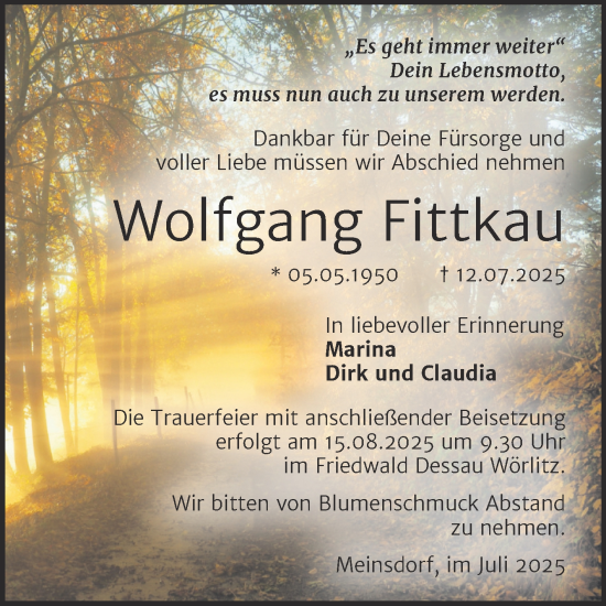 Traueranzeige von Wolfgang Fittkau von Trauerkombi Dessau