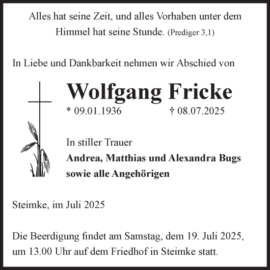 Traueranzeige von Wolfgang Fricke von Volksstimme Altmark West