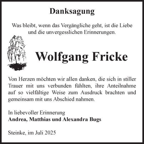 Traueranzeige von Wolfgang Fricke von Volksstimme Altmark West