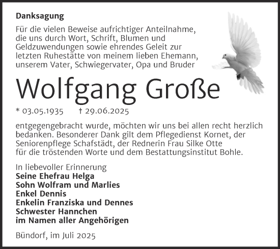 Traueranzeige von Wolfgang Große von Trauerkombi Merseburg