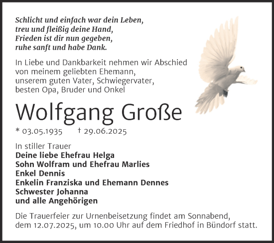 Traueranzeige von Wolfgang Große von Trauerkombi Merseburg