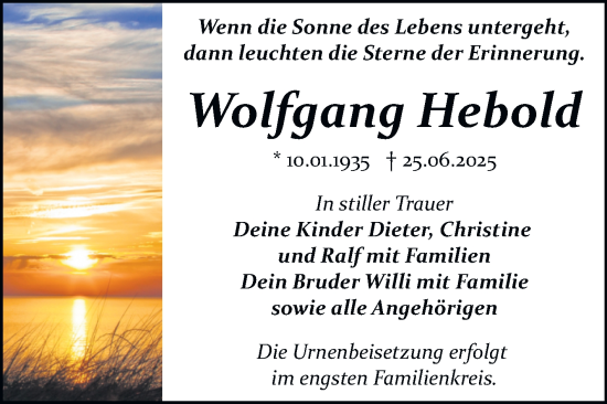 Traueranzeige von Wolfgang Hebold von Trauerkombi Bitterfeld