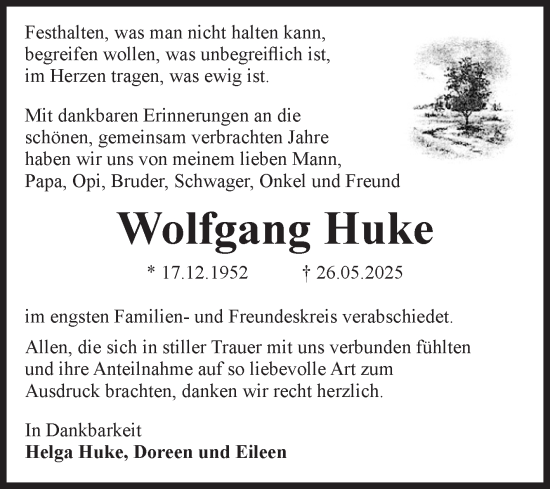 Traueranzeige von Wolfgang Huke von Volksstimme Schönebeck