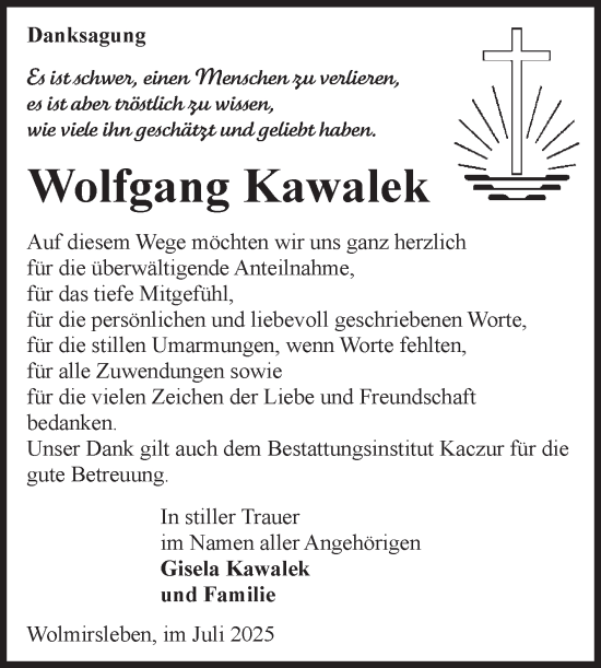 Traueranzeige von Wolfgang Kawalek von Volksstimme Staßfurt