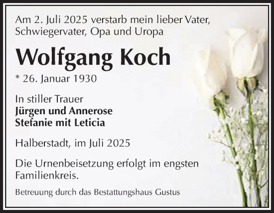 Traueranzeige von Wolfgang Koch von Volksstimme Halberstadt