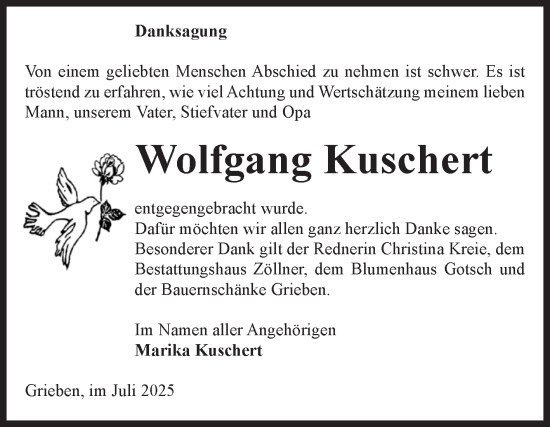 Traueranzeige von Wolfgang Kuschert von Volksstimme Altmark Ost