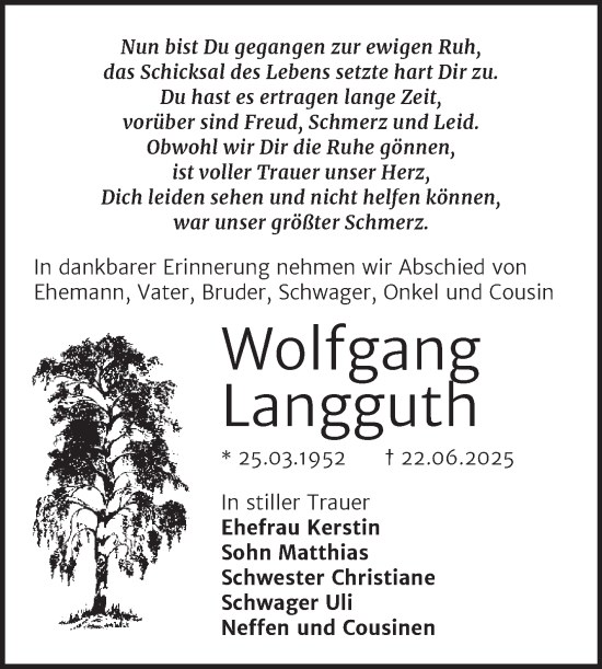 Traueranzeige von Wolfgang Langguth von Super Sonntag Wittenberg