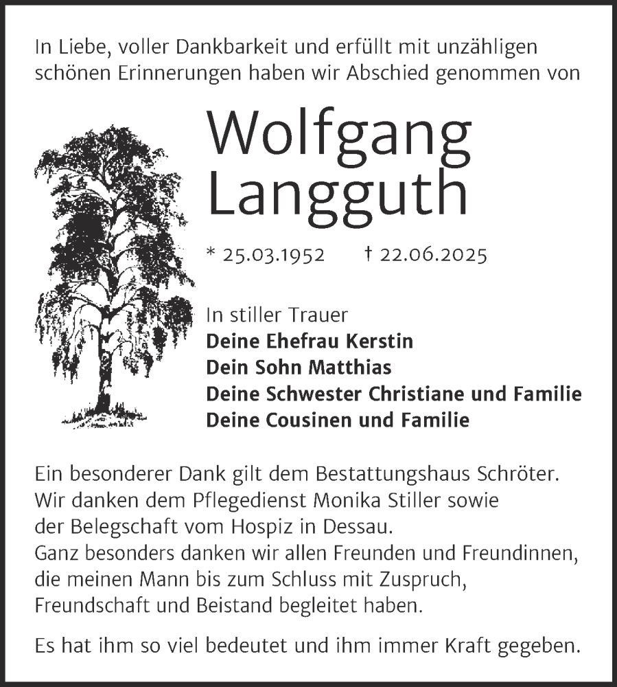  Traueranzeige für Wolfgang Langguth vom 19.07.2025 aus Super Sonntag Wittenberg
