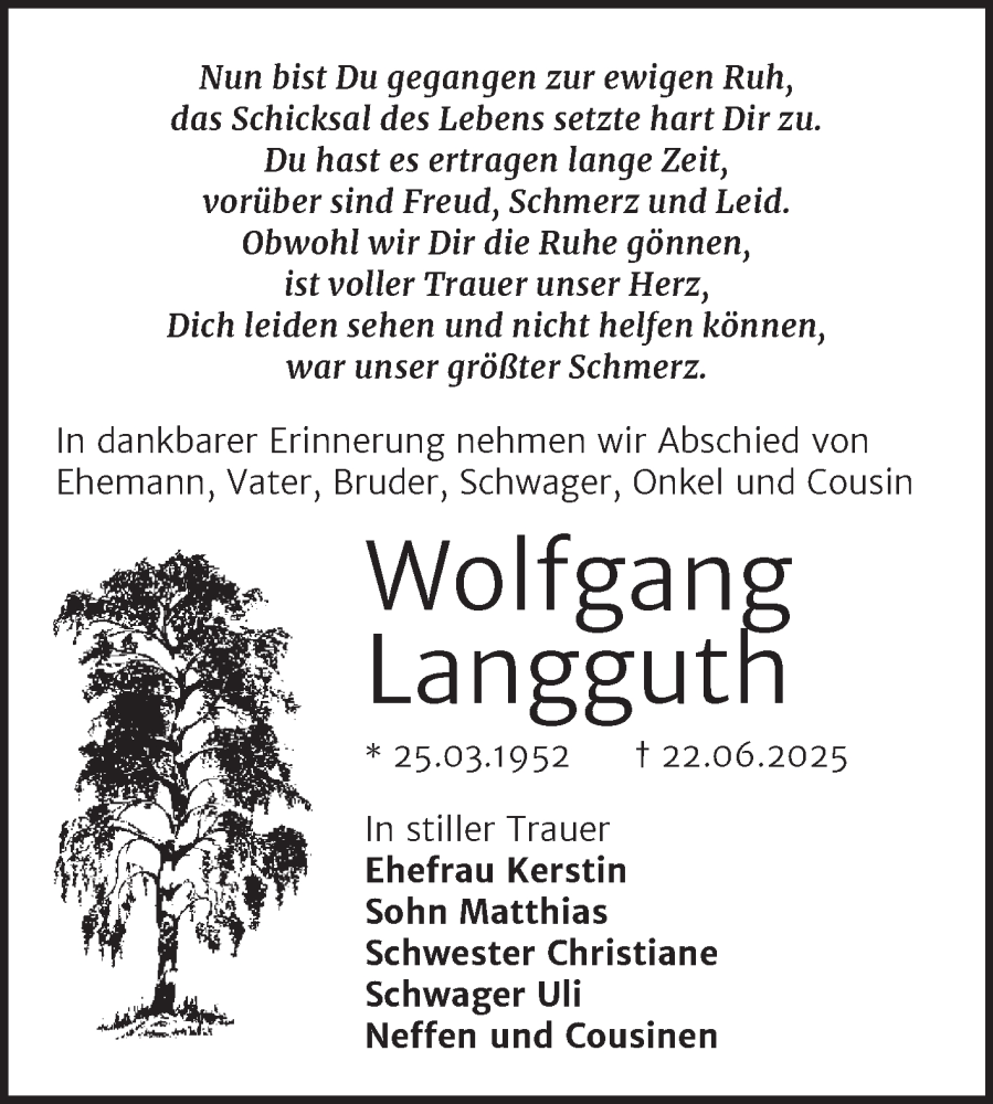  Traueranzeige für Wolfgang Langguth vom 05.07.2025 aus Super Sonntag Wittenberg