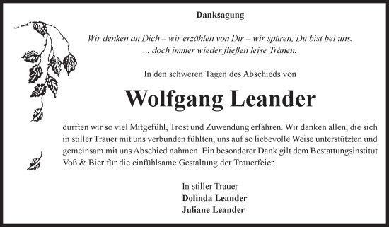 Traueranzeige von Wolfgang Leander von Volksstimme Wernigerode
