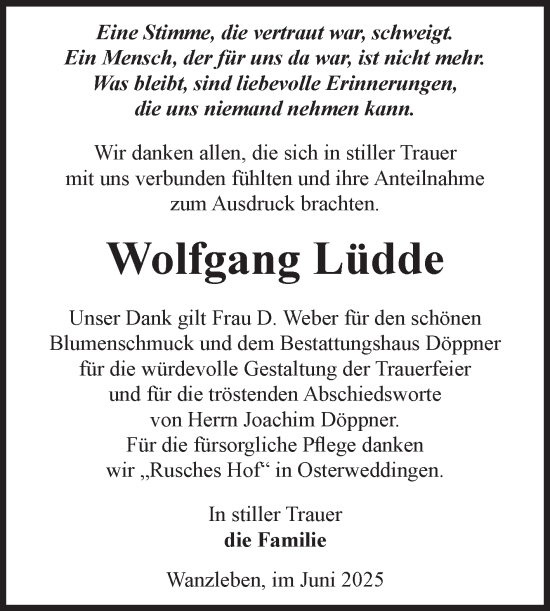 Traueranzeige von Wolfgang Lüdde von Volksstimme Oschersleben/Wanzleben