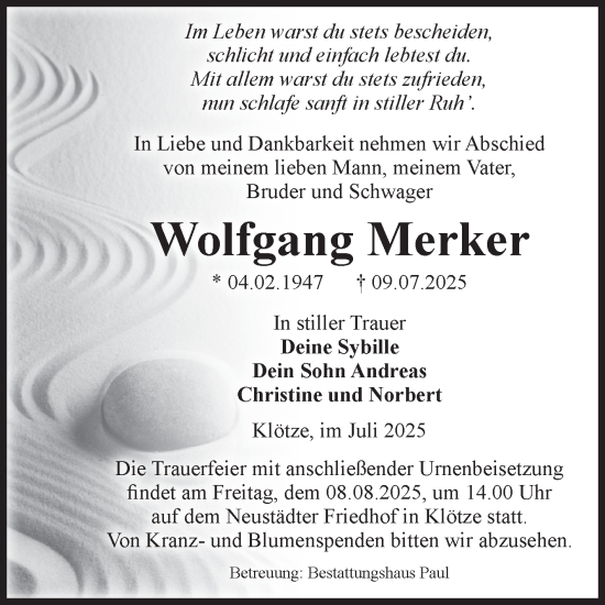 Traueranzeige von Wolfgang Merker von Volksstimme Altmark West