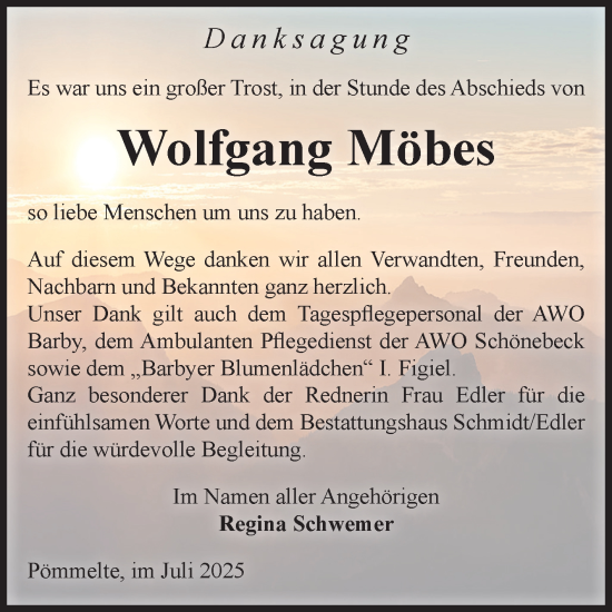Traueranzeige von Wolfgang Möbes von Volksstimme Schönebeck