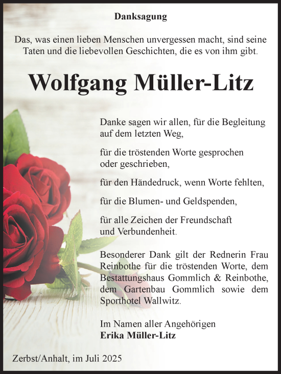 Traueranzeige von Wolfgang Müller-Litz von Volksstimme Zerbst