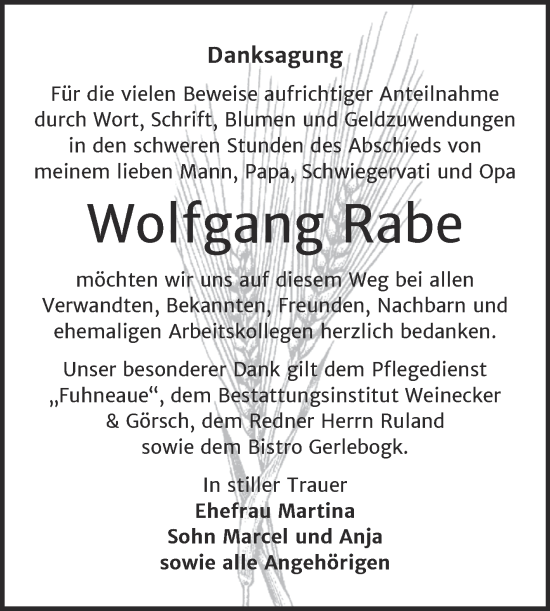 Traueranzeige von Wolfgang Rabe von Trauerkombi Bernburg