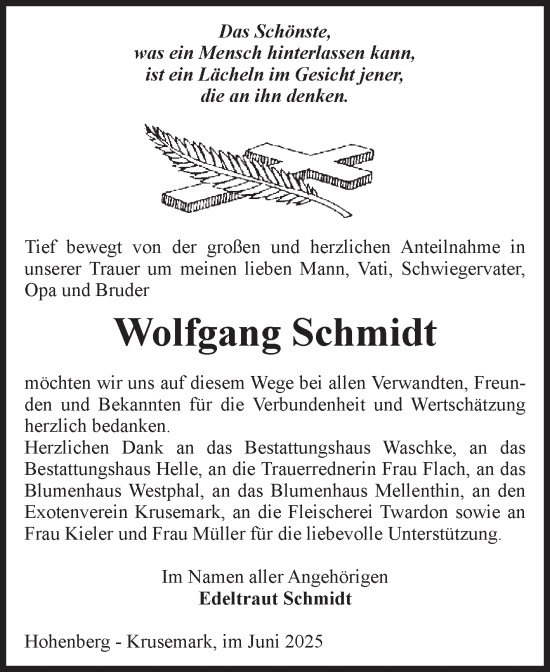 Traueranzeige von Wolfgang Schmidt von Volksstimme Altmark Ost