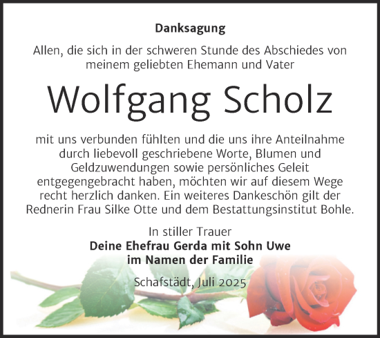 Traueranzeige von Wolfgang Scholz von Trauerkombi Merseburg