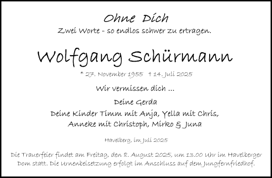 Traueranzeige von Wolfgang Schürmann von Volksstimme Altmark Ost