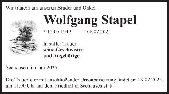 Traueranzeige von Wolfgang Stapel von Volksstimme Altmark Ost