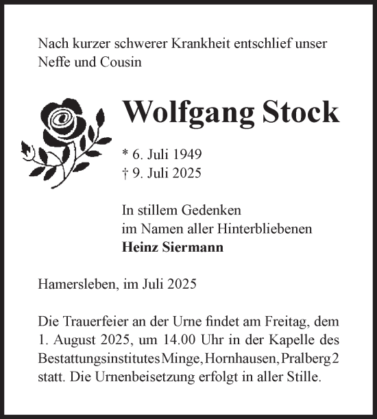 Traueranzeige von Wolfgang Stock von Volksstimme Oschersleben/Wanzleben