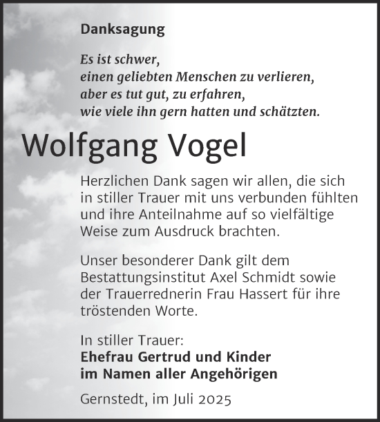 Traueranzeige von Wolfgang Vogel von Super Sonntag Naumburg/Nebra