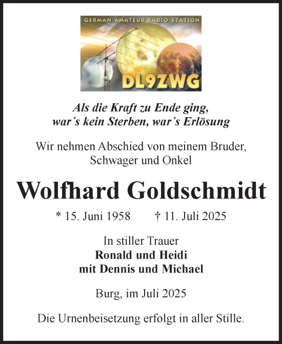 Traueranzeige von Wolfhard Goldschmidt von Volksstimme Burg/Genthin