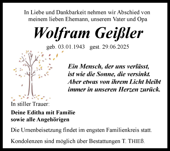 Traueranzeige von Wolfram Geißler von Trauerkombi Quedlinburg