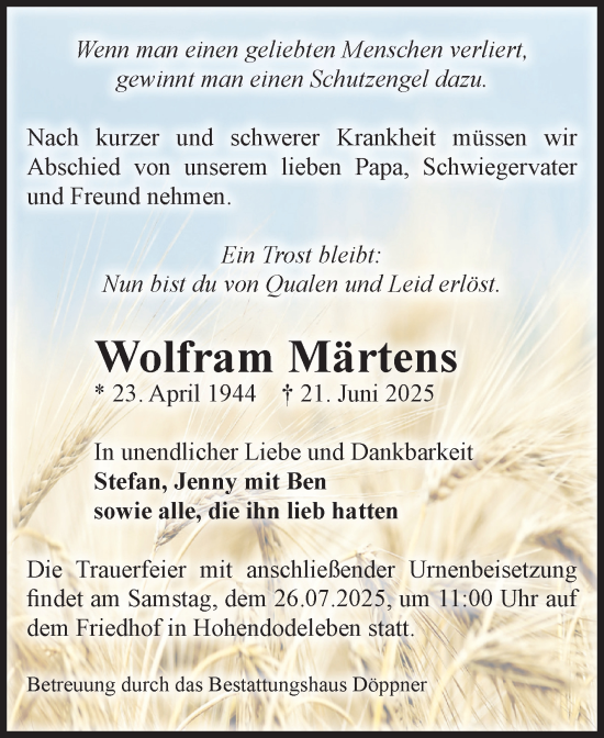 Traueranzeige von Wolfram Märtens von Volksstimme Oschersleben/Wanzleben