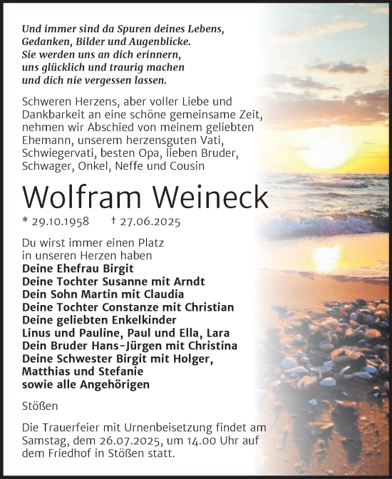 Traueranzeige von Wolfram Weineck von Super Sonntag Naumburg/Nebra