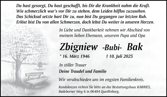 Traueranzeige von Zbigniew Bak von Trauerkombi Quedlinburg